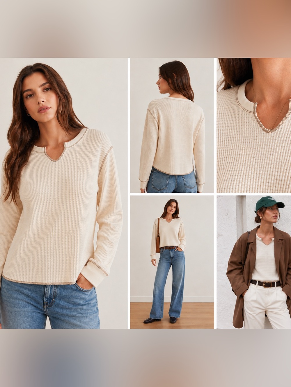 Madewell Waffle Split-Neck Crop Tee Thermal Top Antique Cream Medium NC632